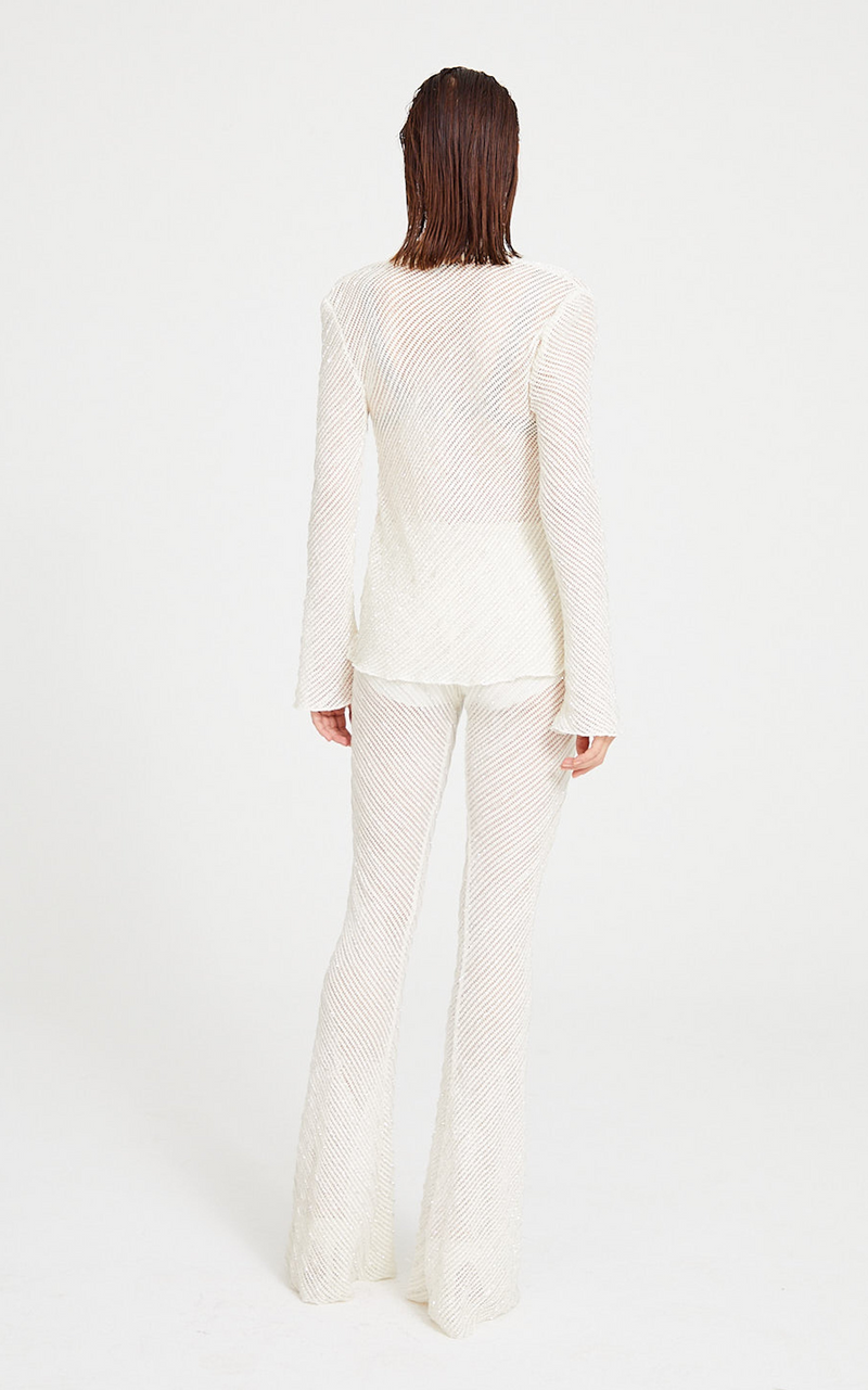 Laurel White Crochet Pants With See Through Leg Detail